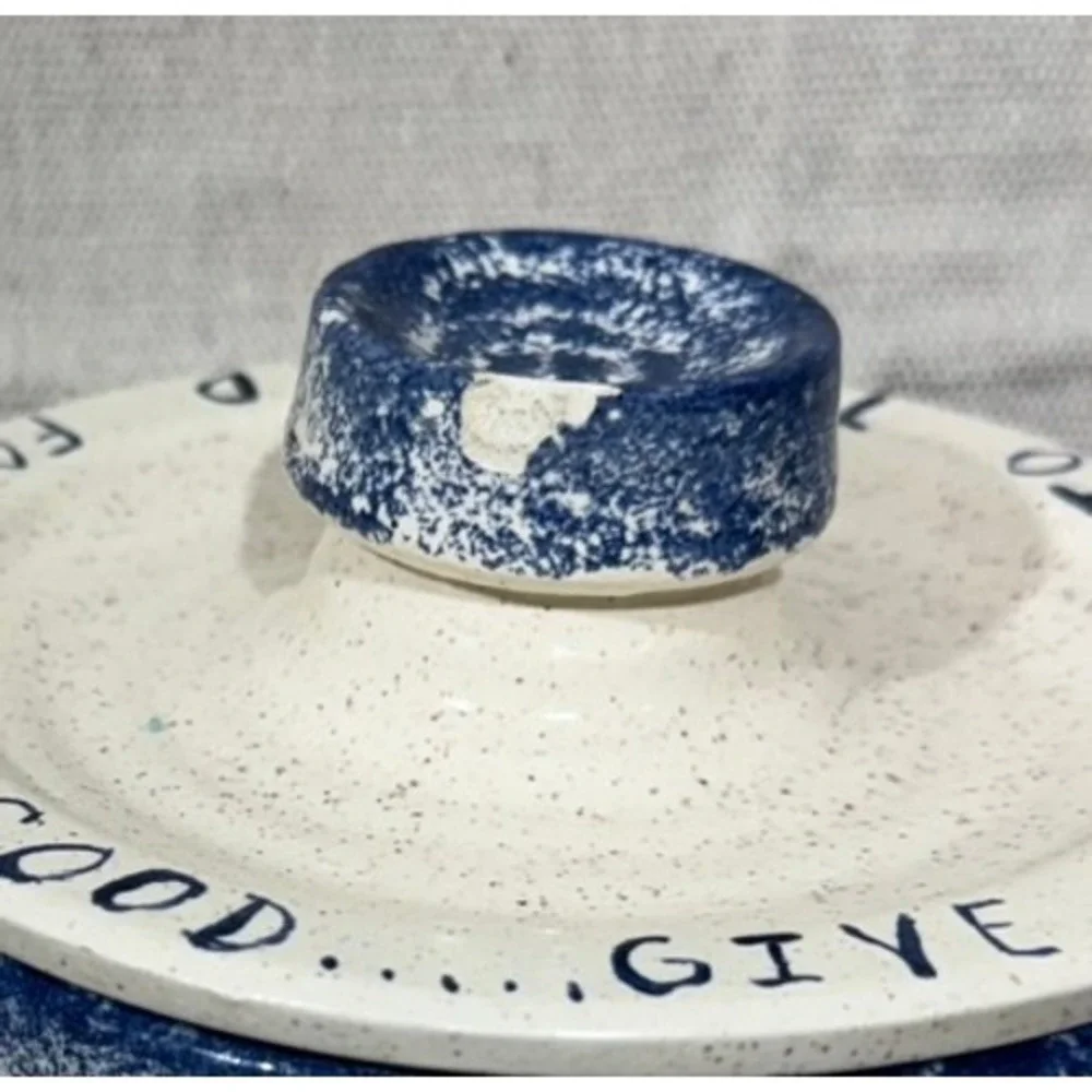 KW Studio Pottery Canister Give Thanks To The Lord Blue Cream Speckled 5x5